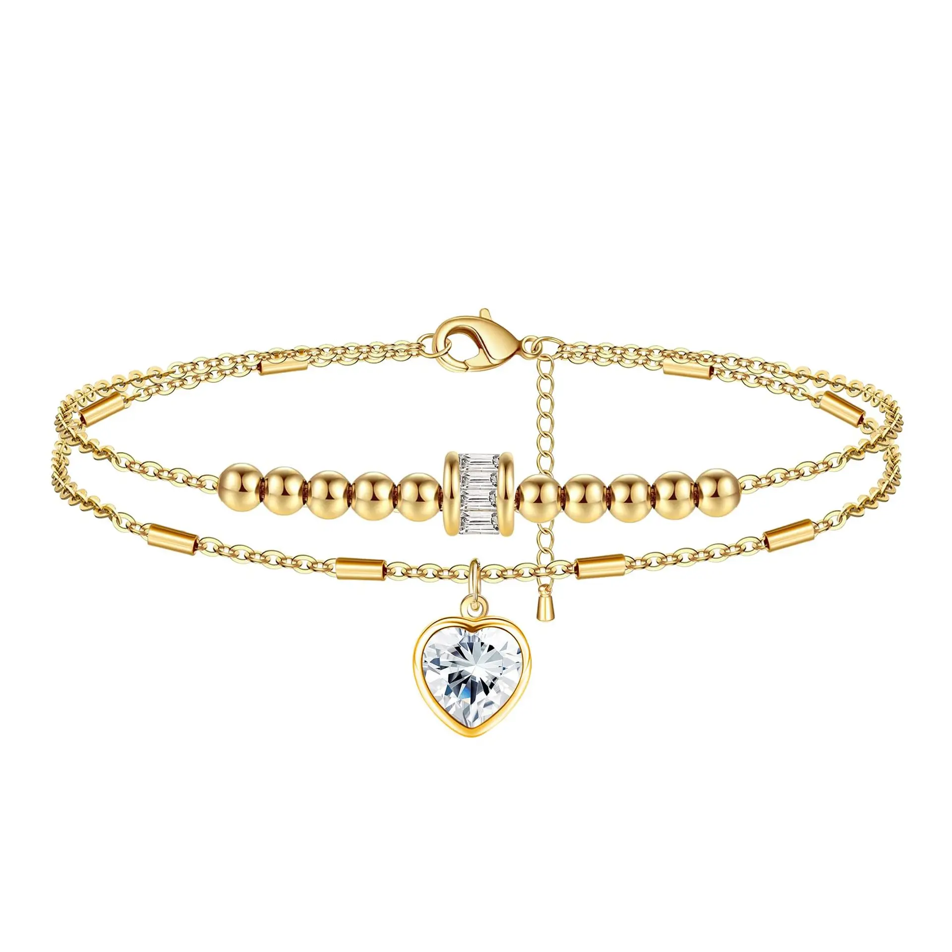 Tobilleras de cadena con dije en forma de corazón para mujer, joyería fina de acero inoxidable 316L, 2 capas con cuentas de circón, mariposa, amor