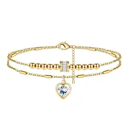 316L Stainless Steel New Fashion Fine Jewelry 2 Layer Beading Zircon Butterfly Love Heart Shape Charm Chain Anklets For Women
