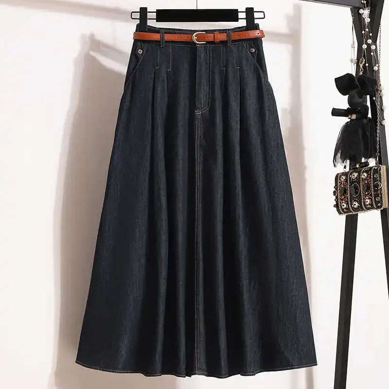 Plus size Women 2025 Autumn New Lyocell Denim Skirt Chubby Girl High Waist Slimming Belly Covering A Word Pleated Umbrella Skirt