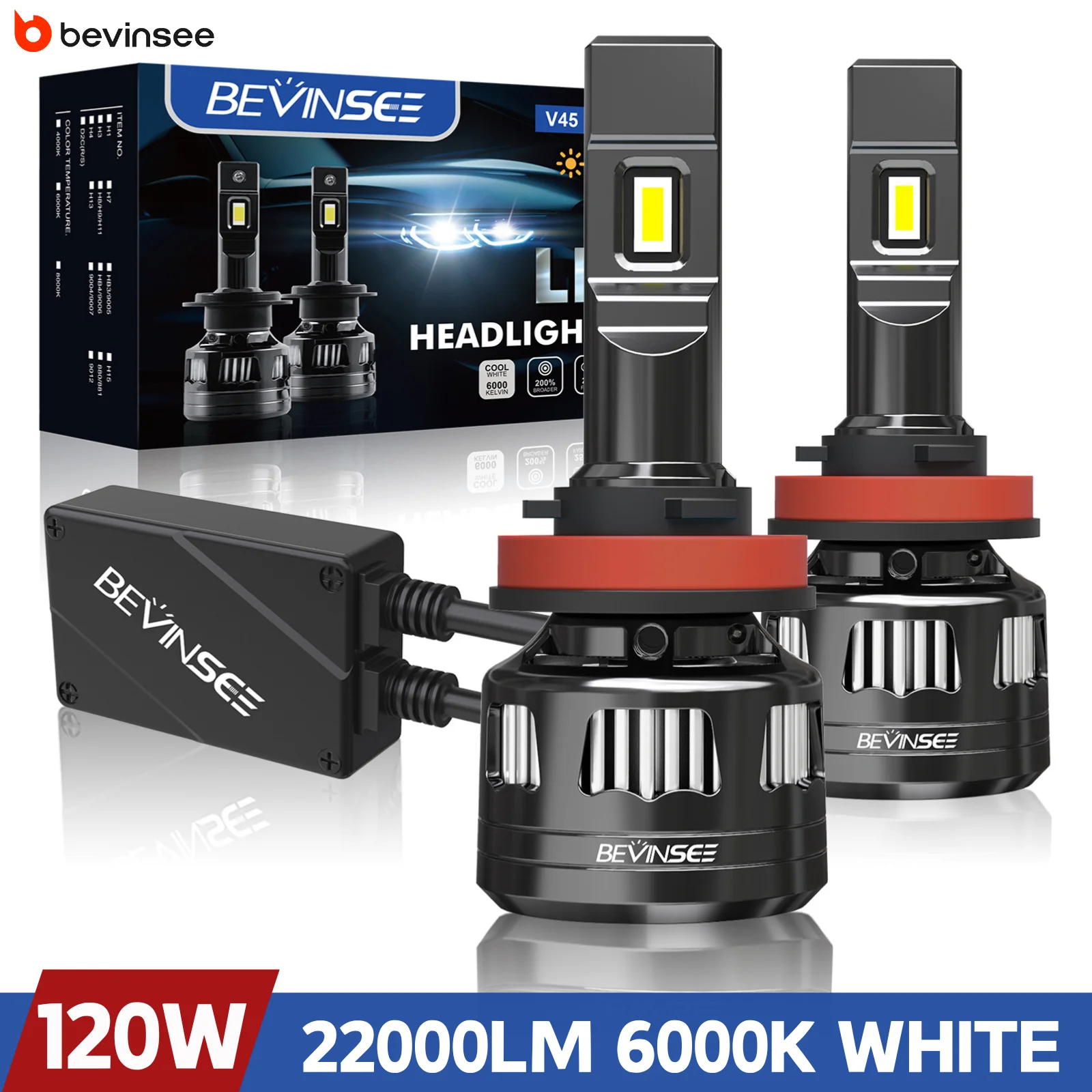 BEVINSEE H11 LED المصابيح الأمامية H4 H7 H1 مصابيح السيارة عالية الطاقة 22000LM 120 واط CANBUS Turbo 9005 HB3 9006 HB4 HIR2 LED أضواء 6000K