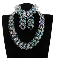 Iridescent Transparent Acrylic Chain Necklace for Women Men 4pcs Chunky Square Link Bead Earrings Bracelet Choker Jewelry sets