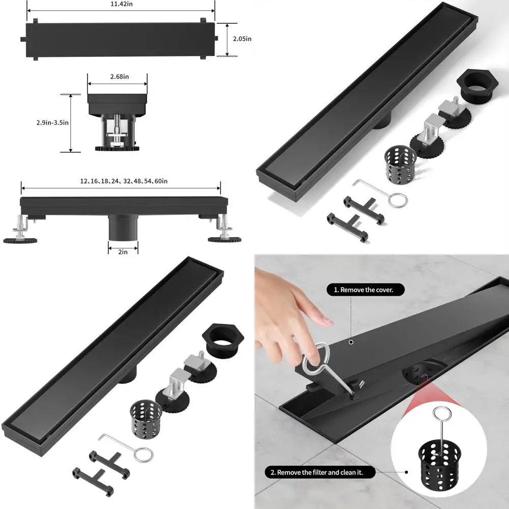 

32-Inch Black Linear Shower Drain with 304 Stainless Steel, Adjustable Feet, and Hair Strainer for Invisible Floor Installation