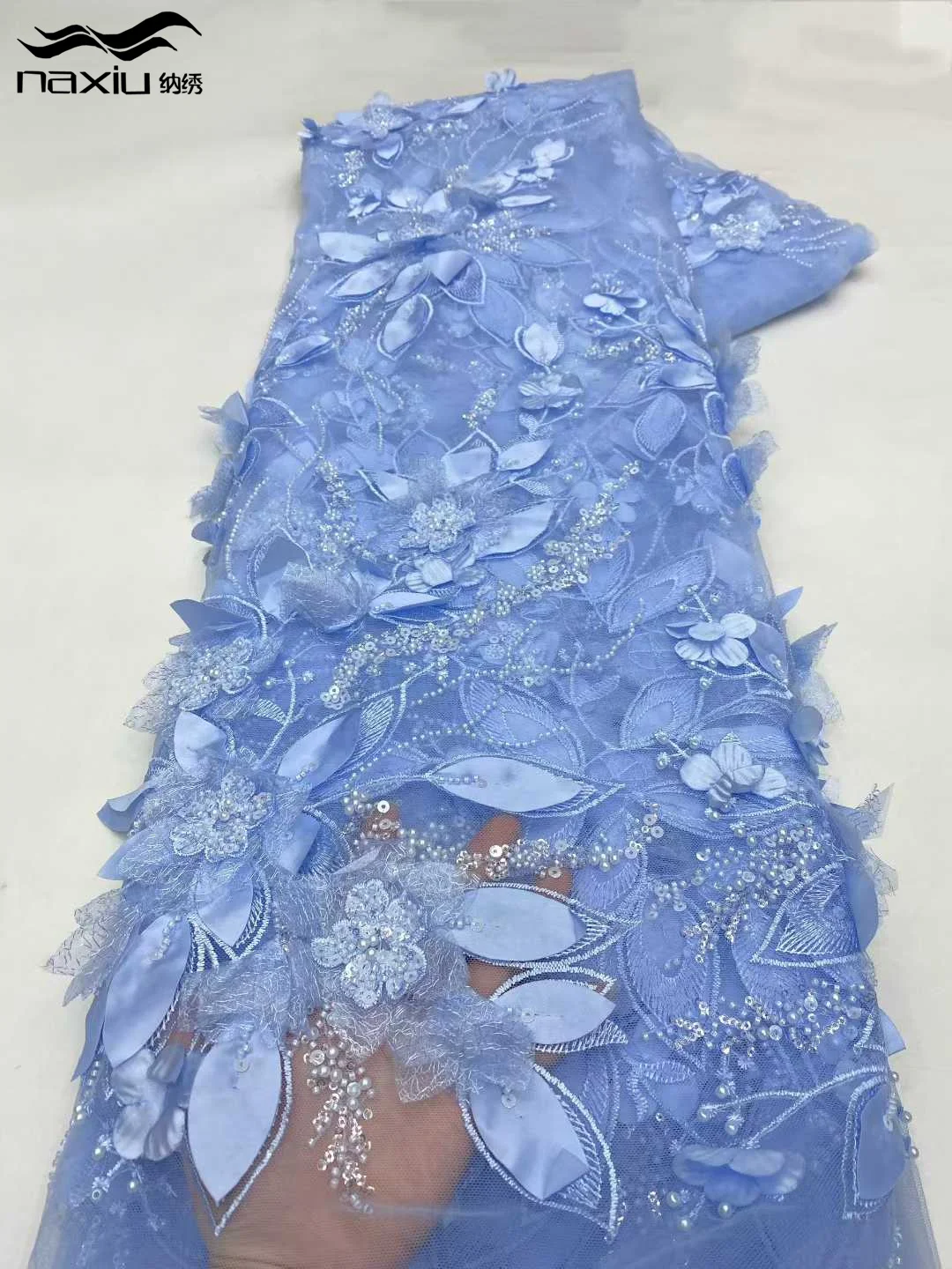 

Madison Sky Blue Sequins Tulle Lace Fabric High Quality African 3d Flower Groom Embroidery Mesh Laces 5 Yards For Sewing Party