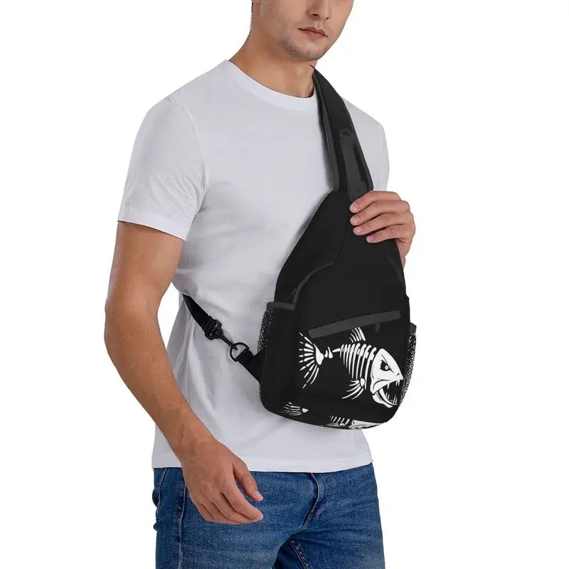 Mochila cruzada de esqueleto de pesca de hueso de pescado para hombres, bolso de hombro de pecho personalizado para viajes, senderismo, mochila de día