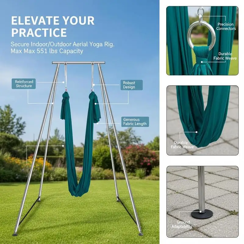 Kit de yoga complet avec cadre 6 x 2,6 m, hamac aérien 250 kg, chaussettes de yoga + coussinets, tapis vert, entraînement anti-gravité