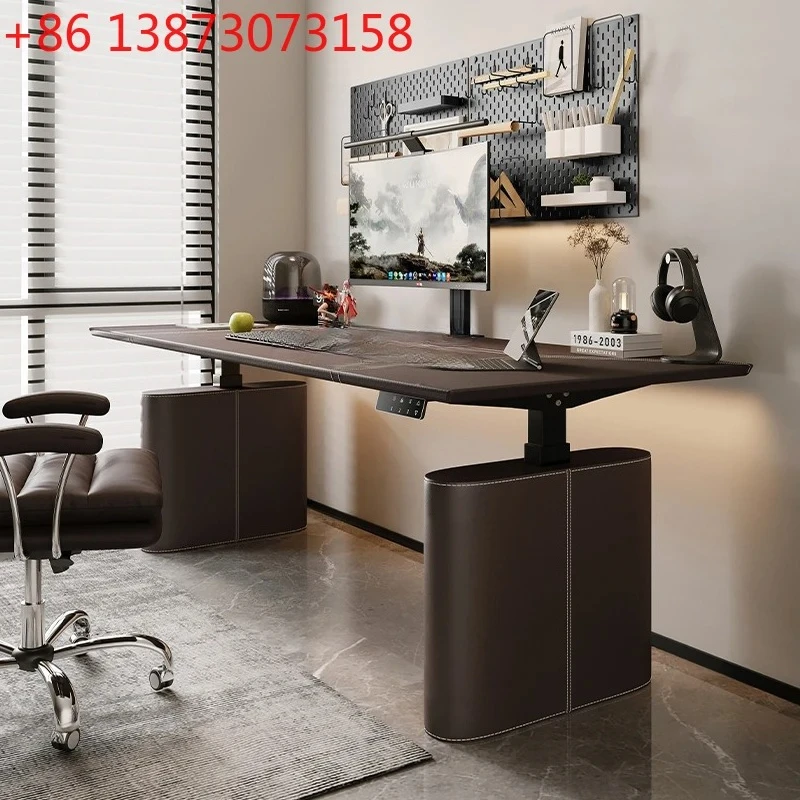 

Leather surface light luxury computer desk worktable adjustable desk intelligent electric lifting table
