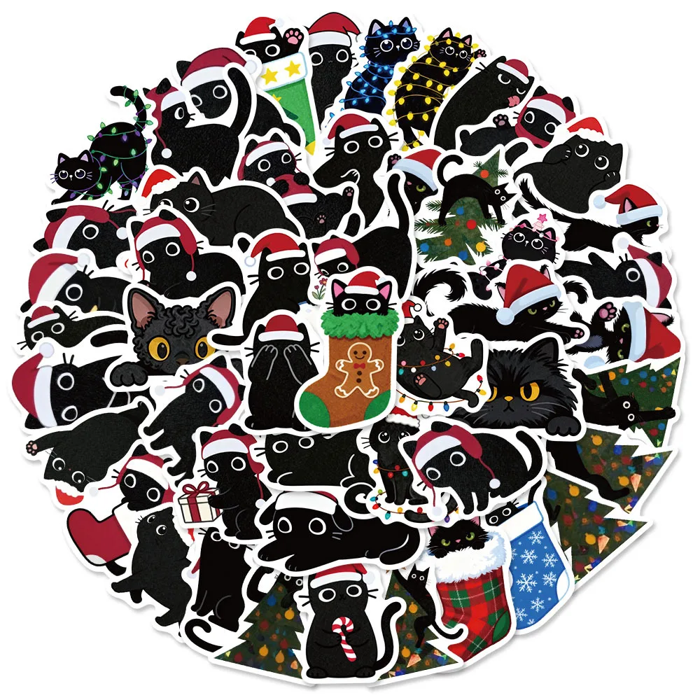 50 قطعة ملصقات القطة السوداء اللطيفة kawaii عيد الميلاد القط الشارات للهاتف المحمول حقيبة دفتر سكيت ملصقات مقاومة للماء #2