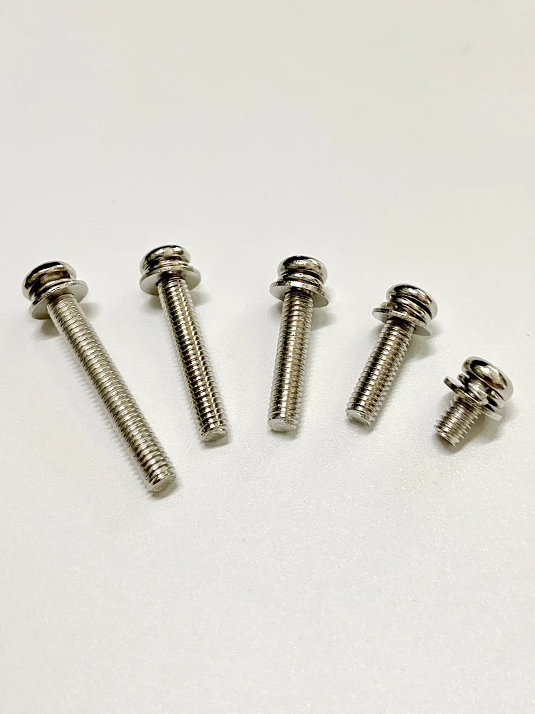 M4 Combination Screw with Flat Washer And Spring Washer Hardware Fastener round Head Cross Screw Iron Plated Nickel Material
