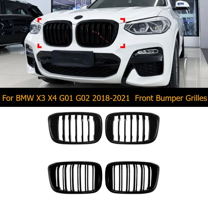 1 Pair Front Grilles For BMW X3 X4 G01 G02 2018-2021 Gloss Black Kidney Grill Replacement Racing Front Bumper Grilles