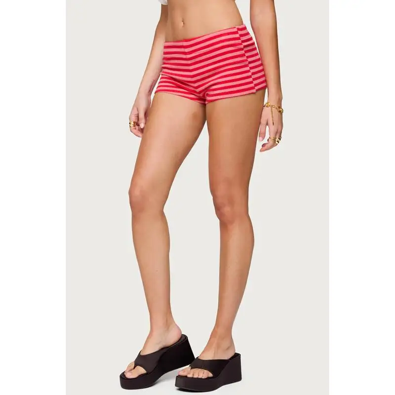 Combhasaki 여성 여름 Y2K 캐주얼 스트라이프 프린트 대비 컬러 반바지 신축성있는 낮은 허리 바지 휴가 비치 클럽 streetwear