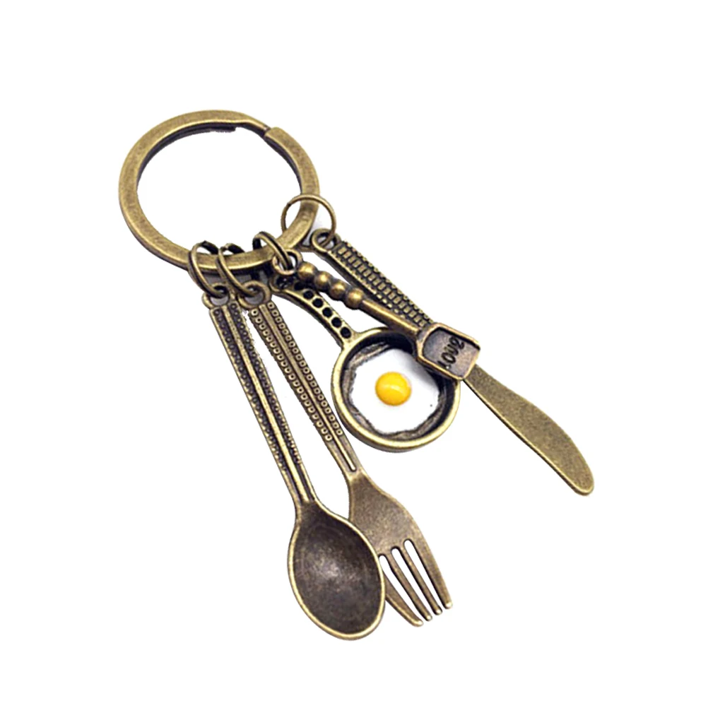 

2pcs Tableware Keychain Fork Spoon Fried Egg Design Durable Material Bag Car Key Decoration Birthday Children Day Gift