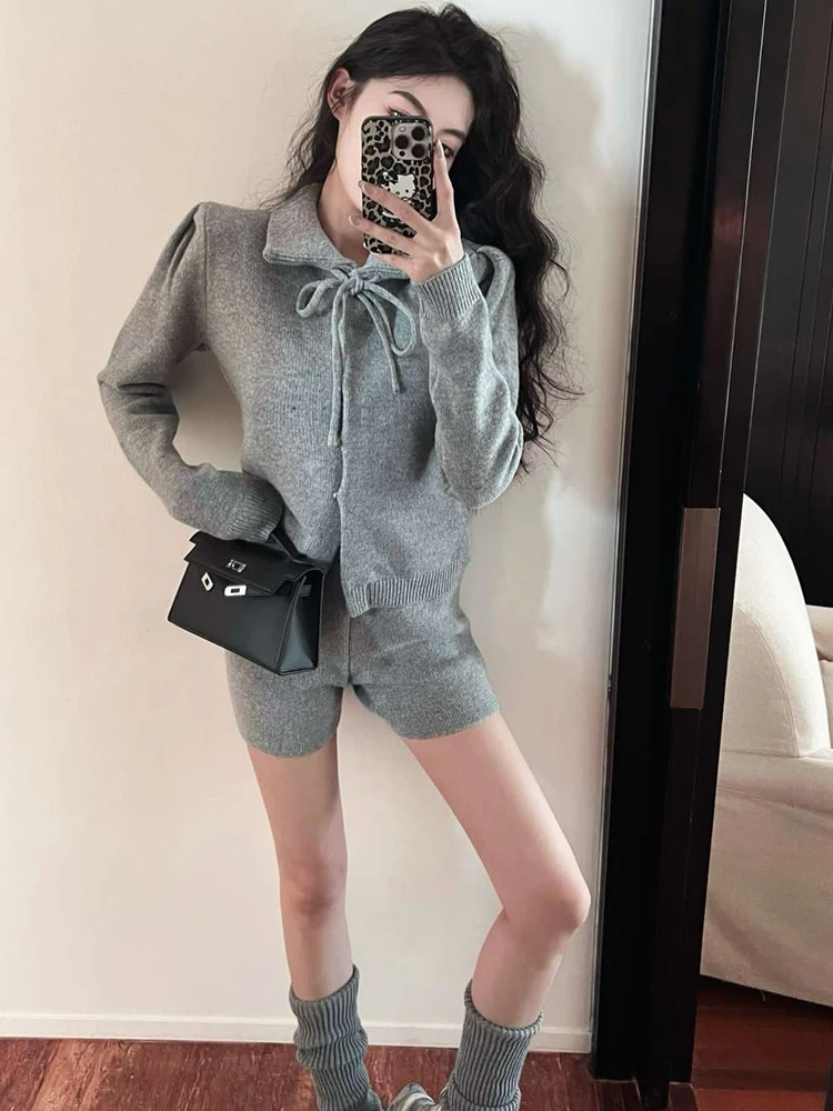 Autumn New Turn Down Collar Lace-up Loose Casual Long Sleeve Cardigan Women + High Waist Sexy Knitted Shorts Two-piece Suit