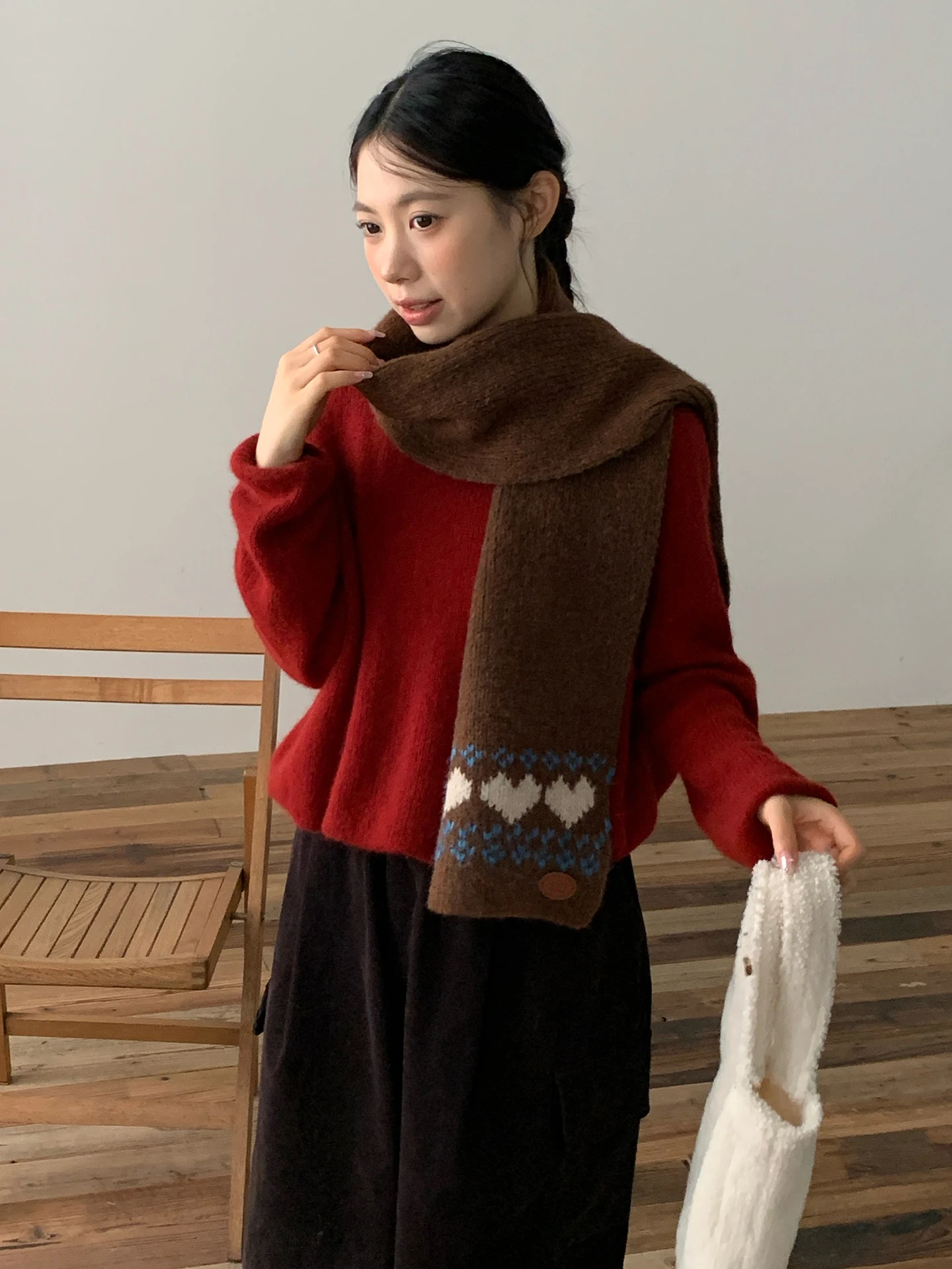 Korean Style Fair Isle Knitted Scarf Women's Heart Pattern Neck Protection Autumn Winter New Arrival Warmth And Fashionable
