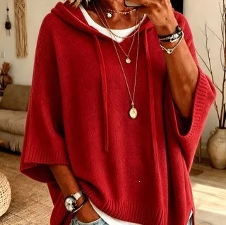 Women's Hooded Knit Pullover Batwing Short Sleeve Sweater Drawstring Casual Loose Fit Elegant Commute Office Daily Wear Knit Top