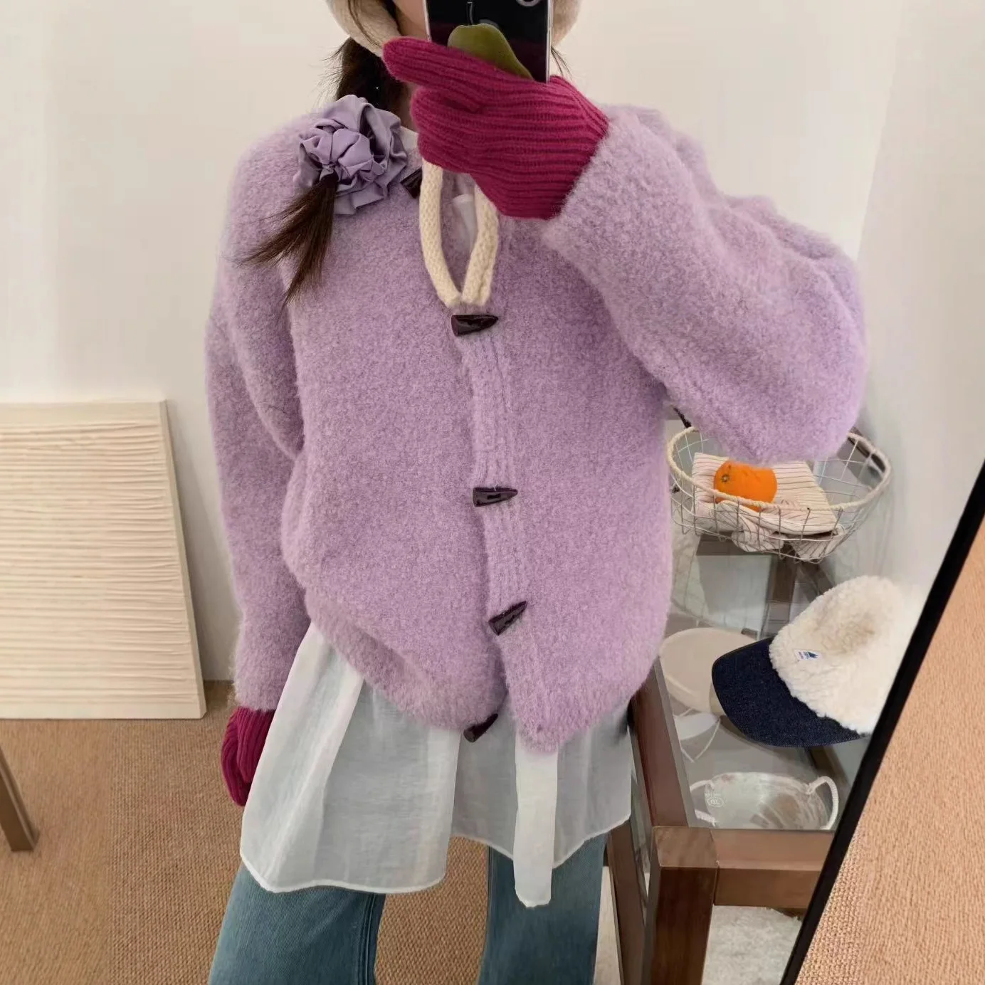 

Circle Yarn Cow Horn Button Knitted Jacket 2025 New Autumn and Winter Small Loose Sweater Cardigan for Women