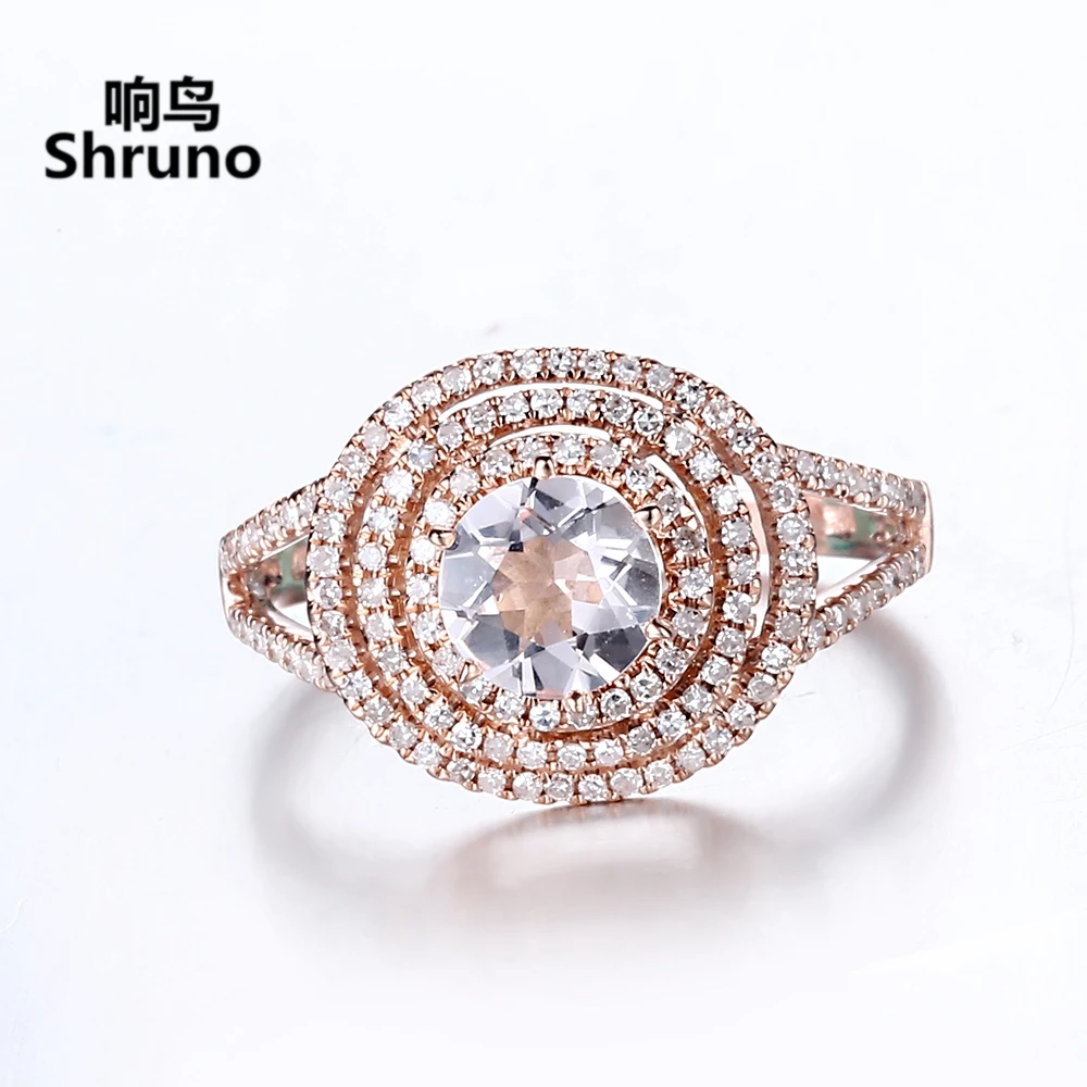 Shruno Solid 14K AU585 Rose Gold Round 6mm Genuine Natural Morganite Ring For Women Engagement Fine Jewelry Real Diamonds Ring