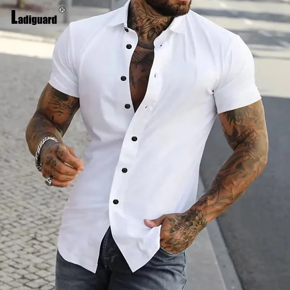 Ladiguard 2025 Summer Mens Casual Open Stitch Blouse Short Sleeve Fashion Basic Shirts Masculina Camisa Top blusas Hommes New