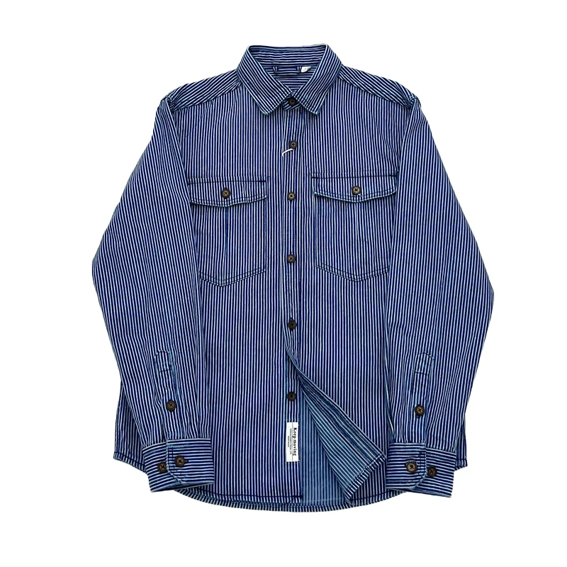 

American Vintage Casual Denim Shirts for Men Tough Guys Classic Vertical Striped Cotton Heavyweight Workwear Casual Tops Coats