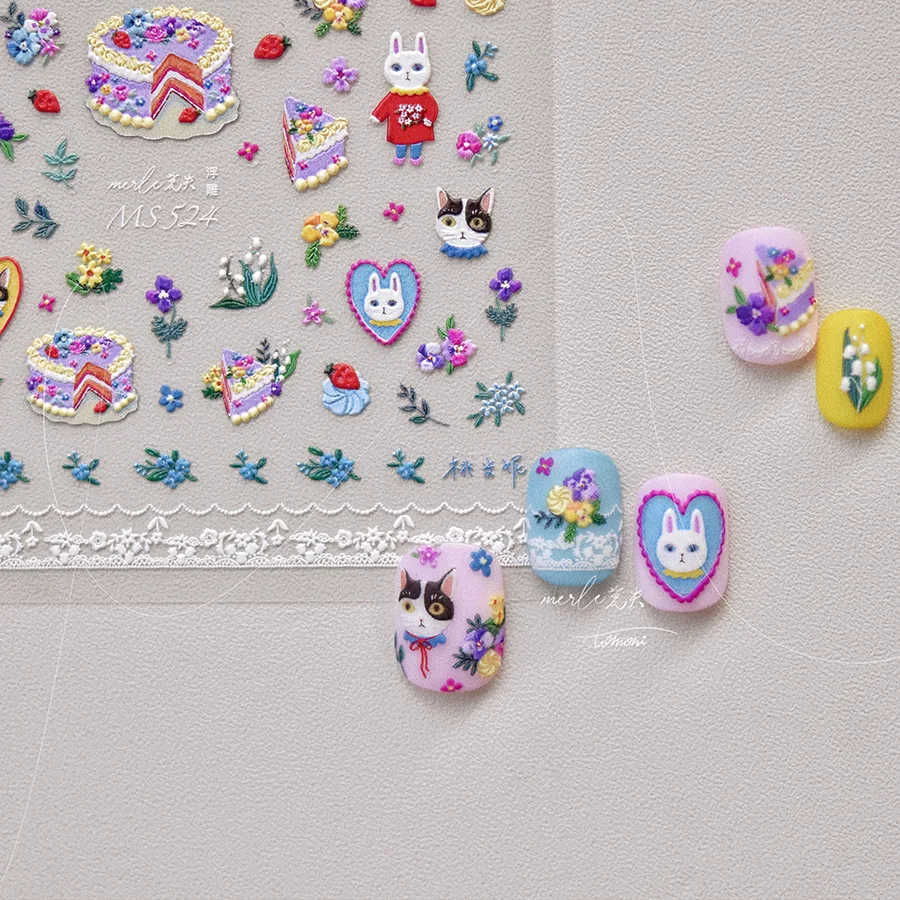 สติกเกอร์ติดเล็บลายแมว 5D น่ารัก สไตล์ญี่ปุ่น ลายการ์ตูนย้อนยุค ลายเค้ก สัตว์ต่างๆ สำหรับตกแต่งเล็บ