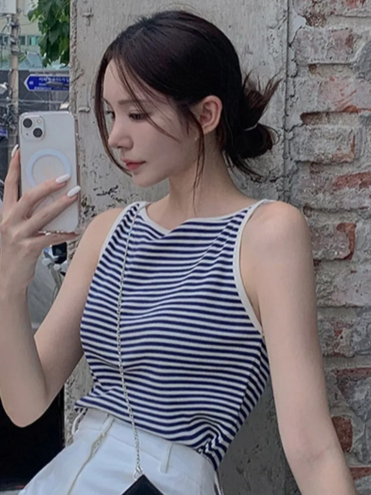 

Полосатый жилет на бретельках в стиле ретро, женский летний новый шикарный топ без рукавов, верхняя одежда, повседневная уличная одежда, весна-осень, моя