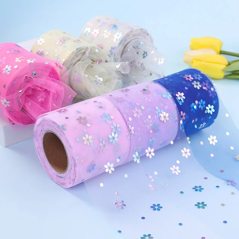 6/8/10/12/15cm 25yards Color Flower Tulle Fabric Roll Mesh Ribbon DIY Tutu Headbands Clips Organza Wedding Birthday Decoration