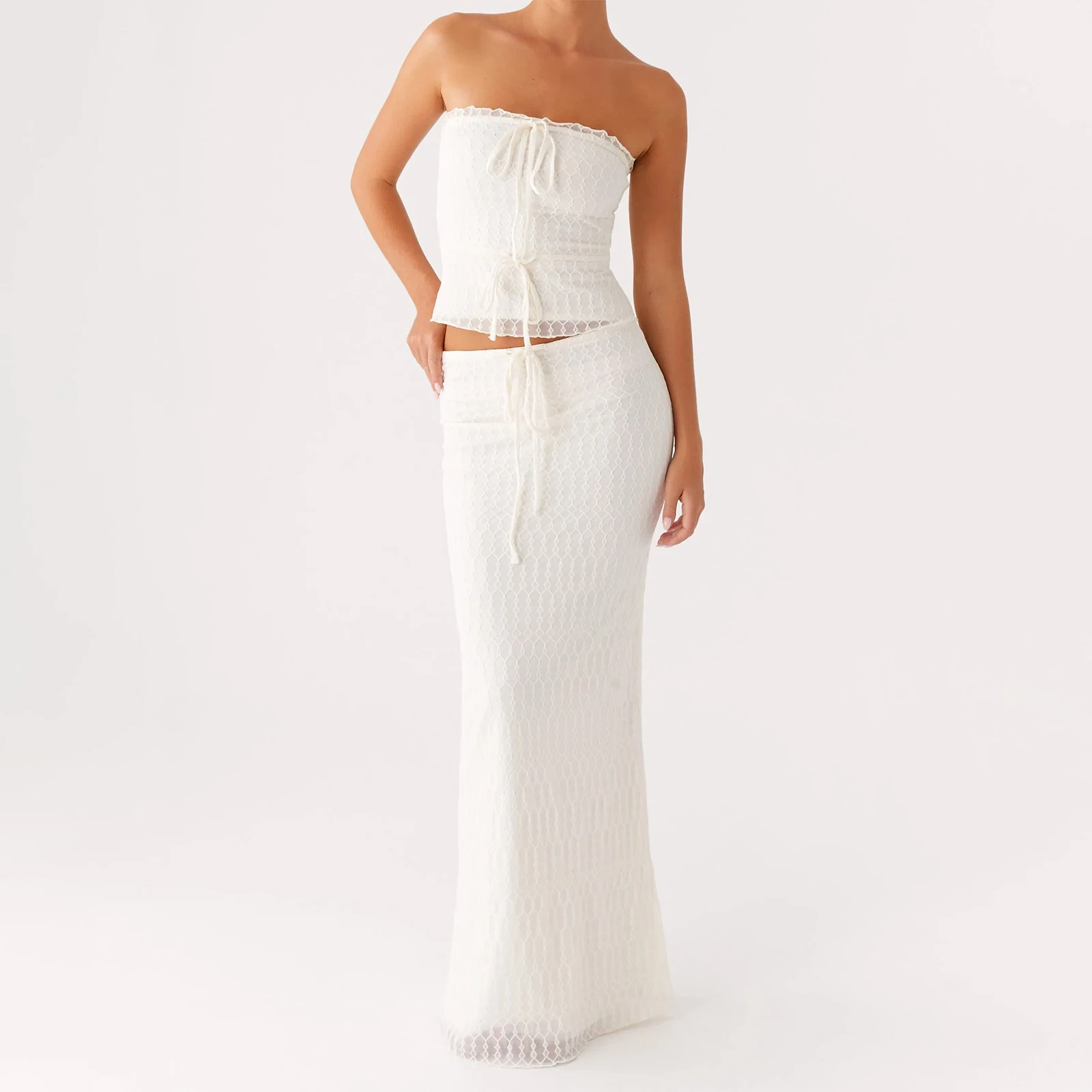 新しい女性の夏の衣装無地クロップ巾着バンドーと弾性ロングスカートセットストリート美的服