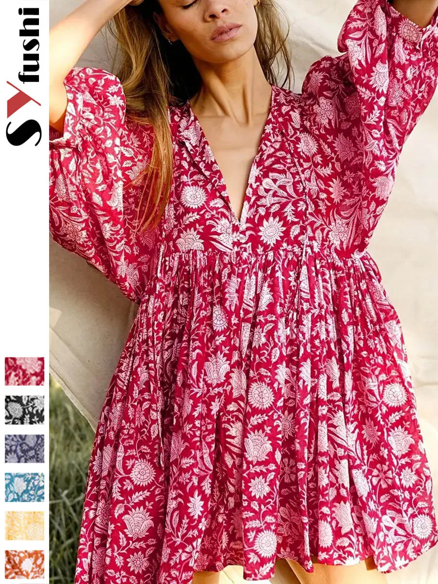Damen-Kleid mit V-Ausschnitt und Blumendruck, modischer Stil, Strandkleid, Damen, halbe Ärmel, Schnürung, plissiert, lockeres Sommerkleid in A-Linie