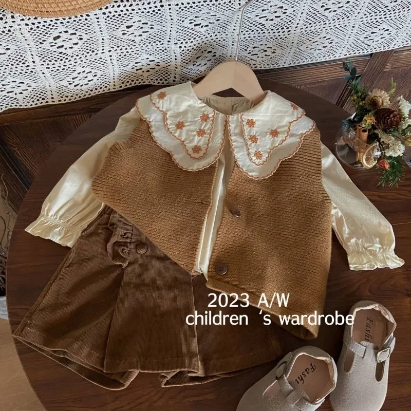 Spring and Autumn Kids Clothes Baby Girls Knit Vest Shirt Shorts Toddler Cute French Embroidered Shirt 2-8y