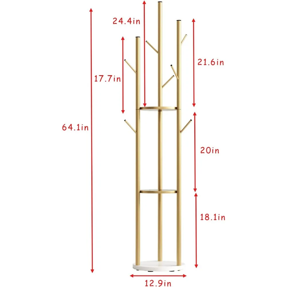 Freestanding Gold Metal Coat Rack, Modern Hall Tree Stand for Hats, Scarves, Bags, Stylish Storage Solution