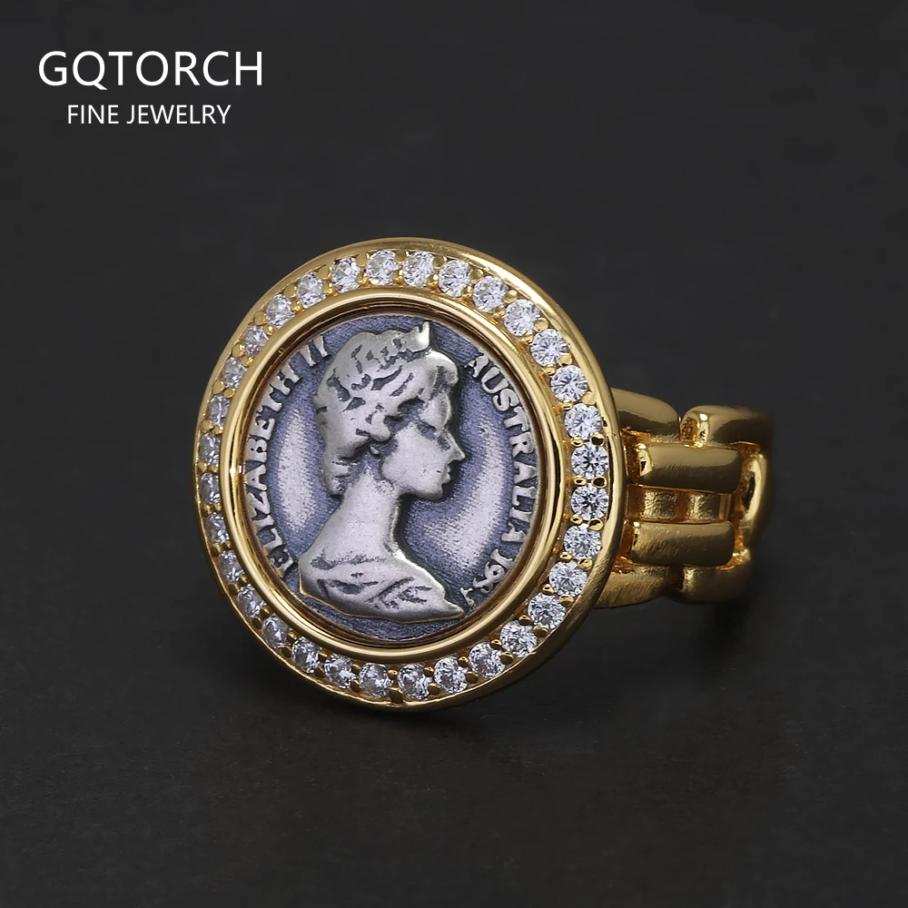 925 Sterling Silver Coin Rings for Women Queen Elizabeth Gold Plated Two-tone Zircon Antiqued Vintage Fine Party Jewelry