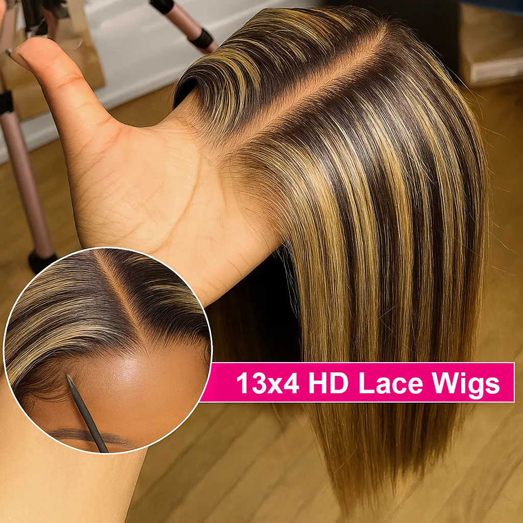 

Gold Highlights Straight Human Hair Wigs 13x4 Lace Front Wig HD Transparent Lace Wigs Pre Plucked P4/27 Colored Human Hair Wig