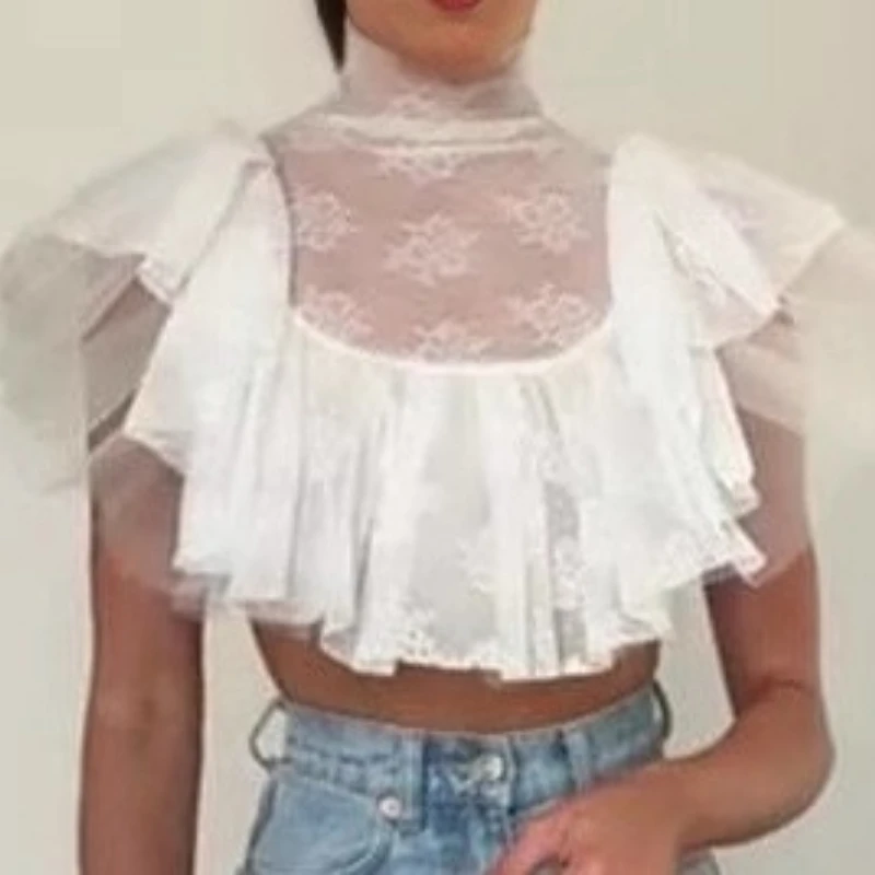 

Женский топ, лето 2023, новый модный женский топ с воротником-стойкой и коротким рукавом, повседневный белый прозрачный укороченный топ с рюшами по краям