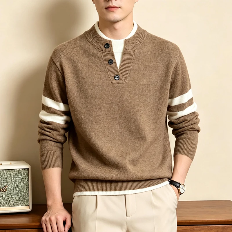 American Retro V-neck Knitted Sweater for Men, 2026 New Item, Fake Two-piece Striped Contrasting Sweater, High-end Casual Top