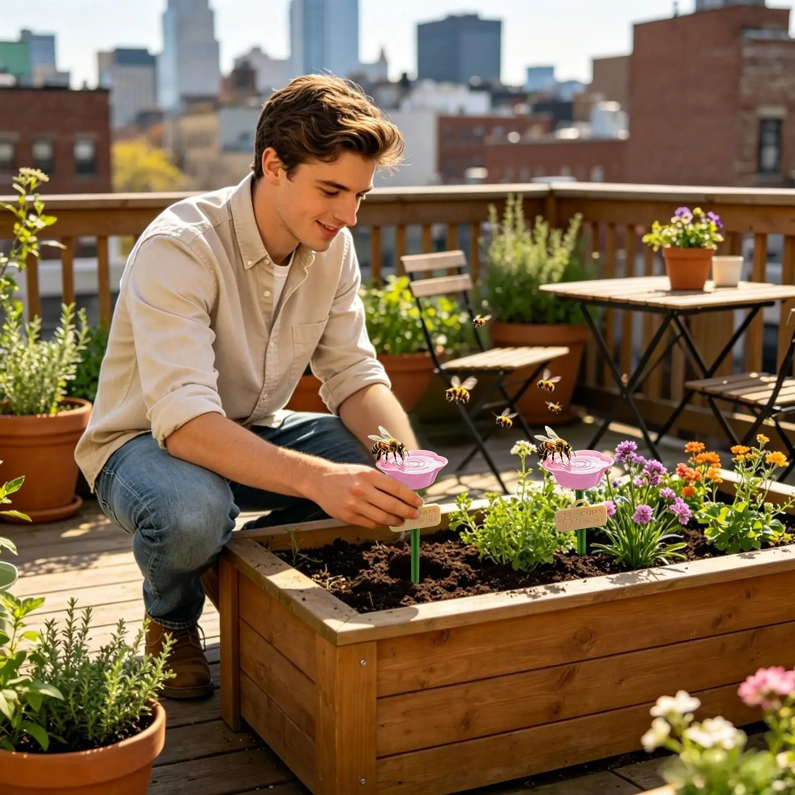 Station d'abreuvement pour abeilles avec piquet de fixation au sol, anti-débordement, pour jardin, décoration extérieure, mangeoire à eau pour abeilles, bol pour oiseaux