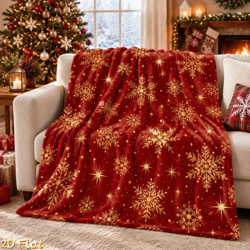 Red Snowflake Flannel Blanket Soft Skin-Friendly Digital Printing Throw Travel Business Trips, Staying Warm During Naps Blanket