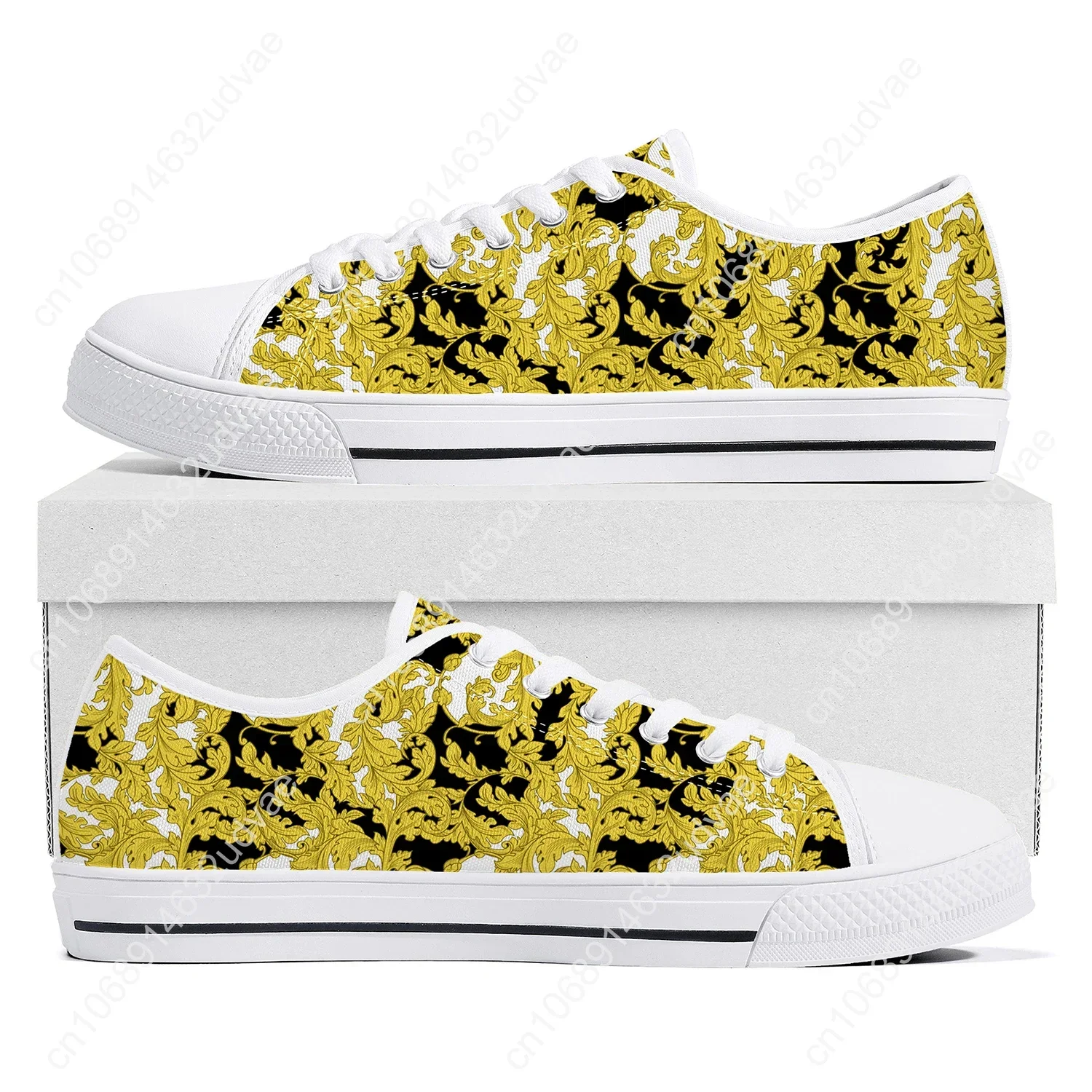 Luxury Golden Floral Prints Low Top Sneakers Mens Women Teenager Baroque European Canvas Sneaker Casual Couple Shoes Custom Shoe