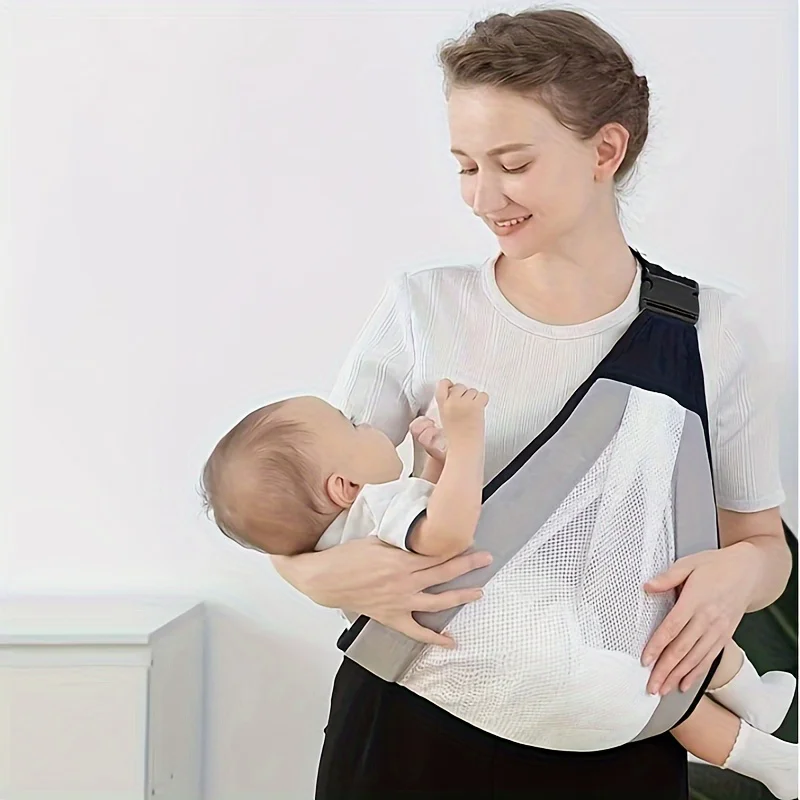 

Easy-Wear, Adjustable Baby Sling with Stylish Stripes – Secure Buckle Closure, Breathable mesh pocket design，Comfortable Cotton