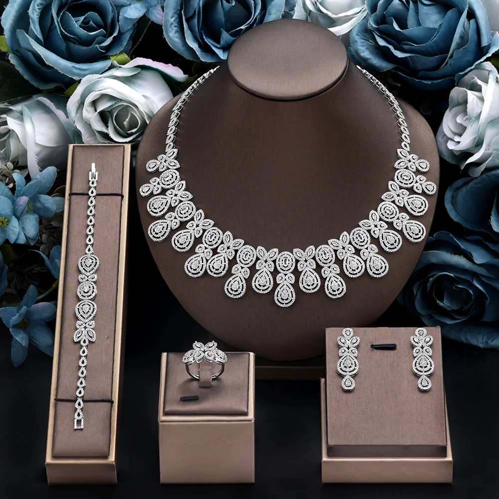 

4 Pieces Bridal Zirconia Full Jewelry Set for Ladies Party Luxury Dubai Nigeria CZ Crystal Wedding Necklace