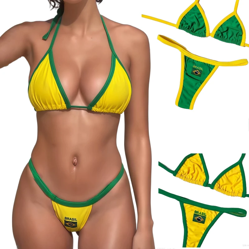 Sexy Embroidery Brasil Flag Contrast Split Bikini Set Women Swimwear Patchwork Two Piece Swimsuit Summer Beachwear
