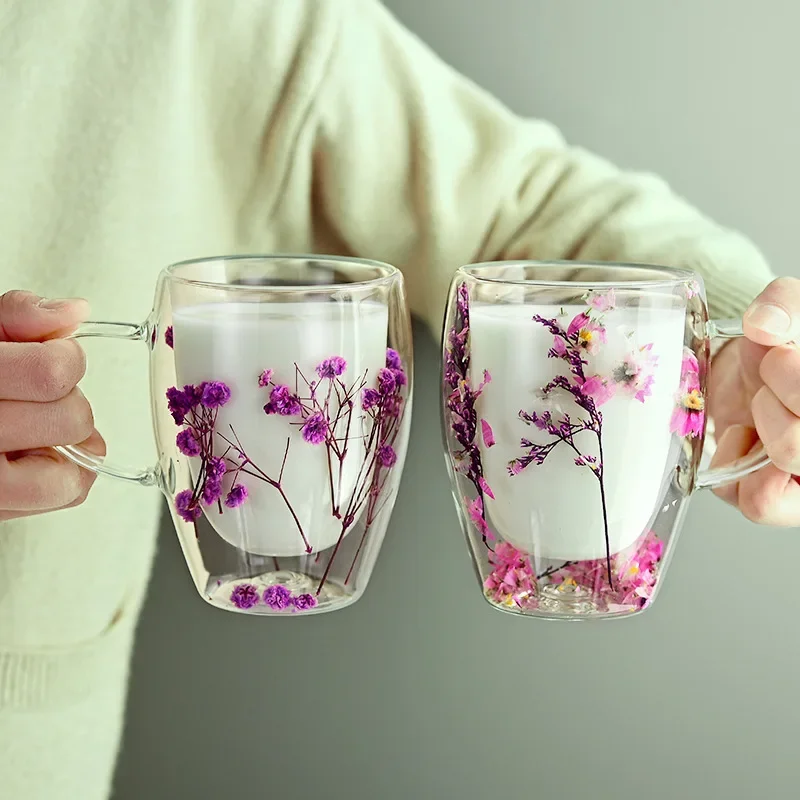 Dried Flower Glass Cup Double-layer with Handle Cup 350ml Internet Famous Eternal Flower Creative Coffee Cup Souvenir