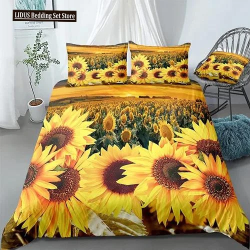 

Yellow Flower Duvet Cover Set Sunflower Bedclothes Sunflower Fields With Sunset Printed Botanical Flowers Polyester Bedding Set