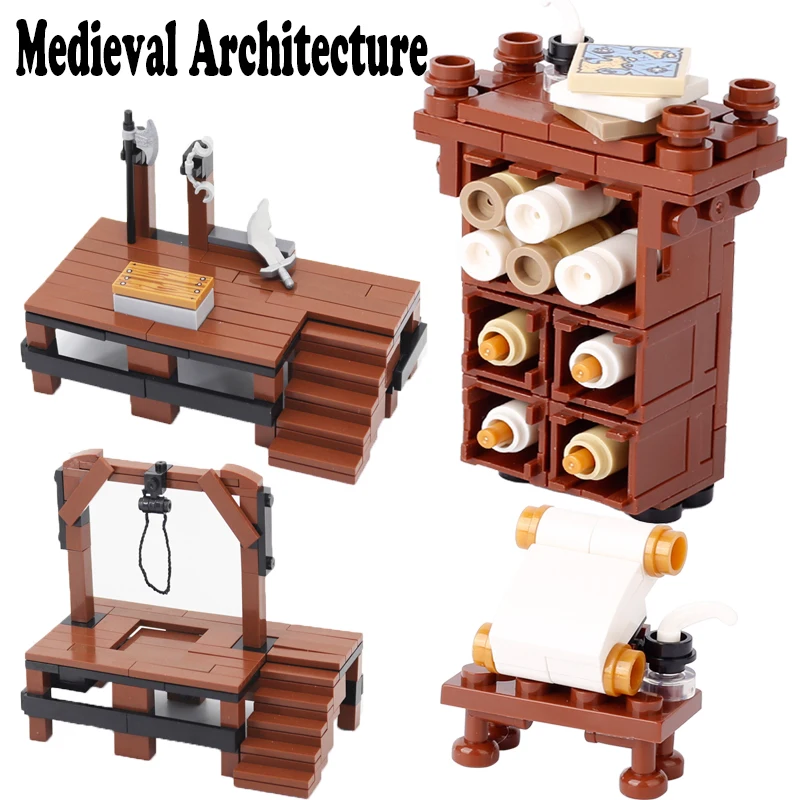 MOC Medieval Architecture Building Blocks Castle Military Knights Leather Paper Cabinet Judgment Seat Weapons Bricks Toys Gifts