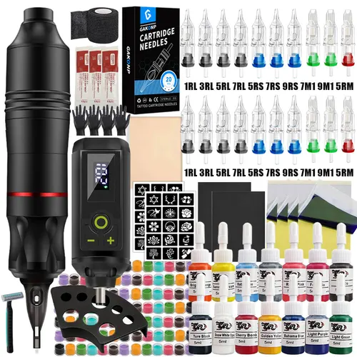 Kit de máquina de tatuaje inalámbrica profesional, Kit de pluma de tatuaje rotativa con fuente de alimentación inalámbrica, agujas de tintas para kits de tatuajes para principiantes