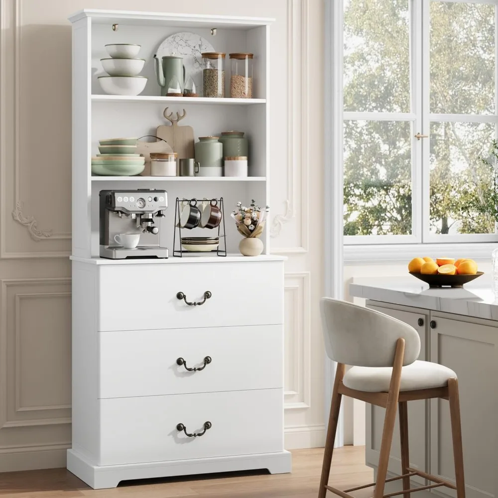 رف كتب واسع باللون الأبيض 31.5 مع 3 أدراج كبيرة و3 أرفف مفتوحة، حل تخزين متعدد الاستخدامات للمكتب المنزلي أو غرفة المعيشة