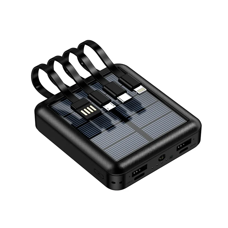 Mini banco de energia solar com cabo embutido, carregador portátil, bateria de reposição externa, Powerbank para iPhone, Samsung, Huawei, Xiaomi, 20000mAh