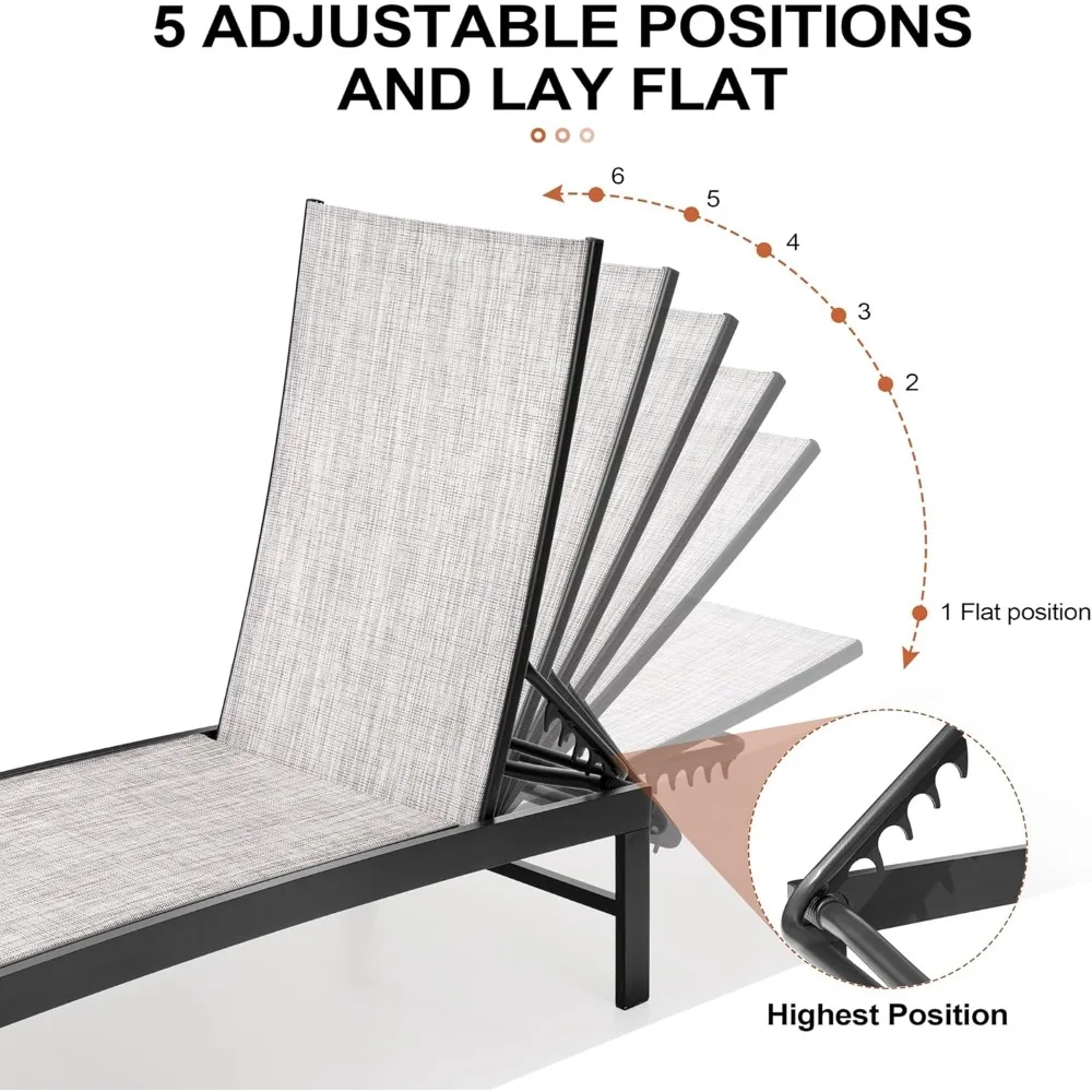 2PCS Chaise Lounge Chairs Outdoor with 1PC Side Table, Aluminum Patio Lounge Set, Adjustable Five-Position Recliner