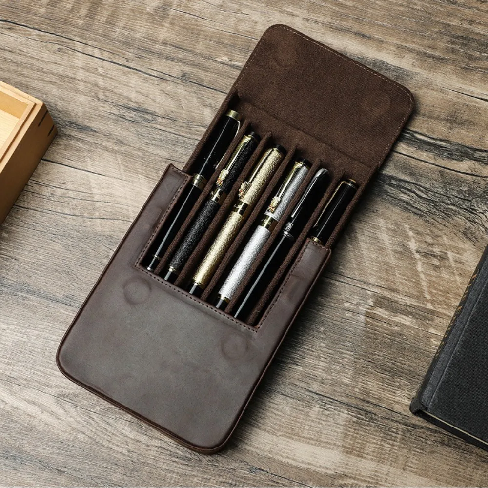 Luxury Cowhide Leather 6Slots Specification Fountain Pen Tray Holder Pencil Case Office School Supplies Pouch Protective Cover