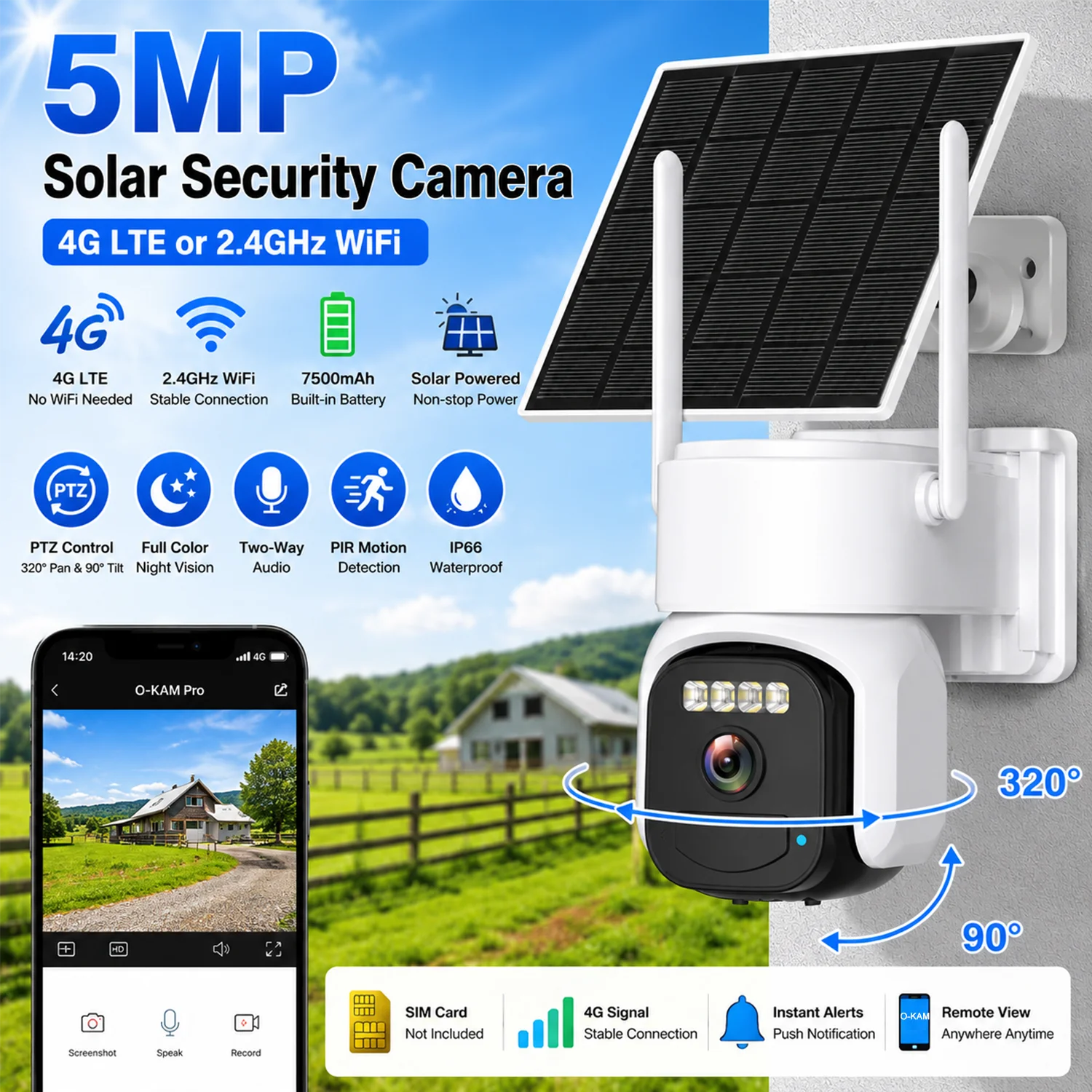 5MP Solar Outdoor Security Camera 4G LTE or 2.4GHz WiFi PTZ Full Color Night Vision Two Way Audio IP66 Motion Detection OKAM Pro
