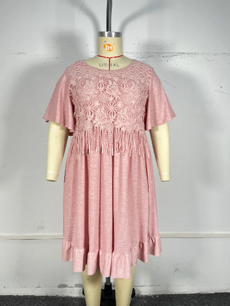 GIBSIE-Robe midi en dentelle, grande taille, col rond, manches papillon, style Boho, franges, décontractée, ourlet à volants, été 2024