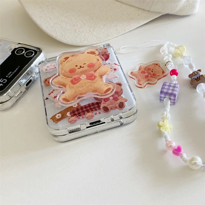 Coque de téléphone avec support ours en peluche mignon, coque de protection arrière pour Samsung Galaxy Z Flip 6, 5, 4, 3, ZFlip4, ZFlip5, ZFlip6